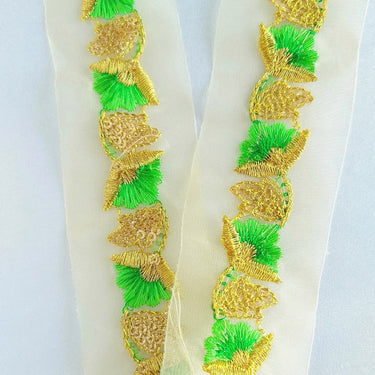 Gold Sheer Trim In Gold And Blue / Green Floral Embroidery And Gold Sequins Embellishment, Approx. 45mm Wide - 210119L135 / 36